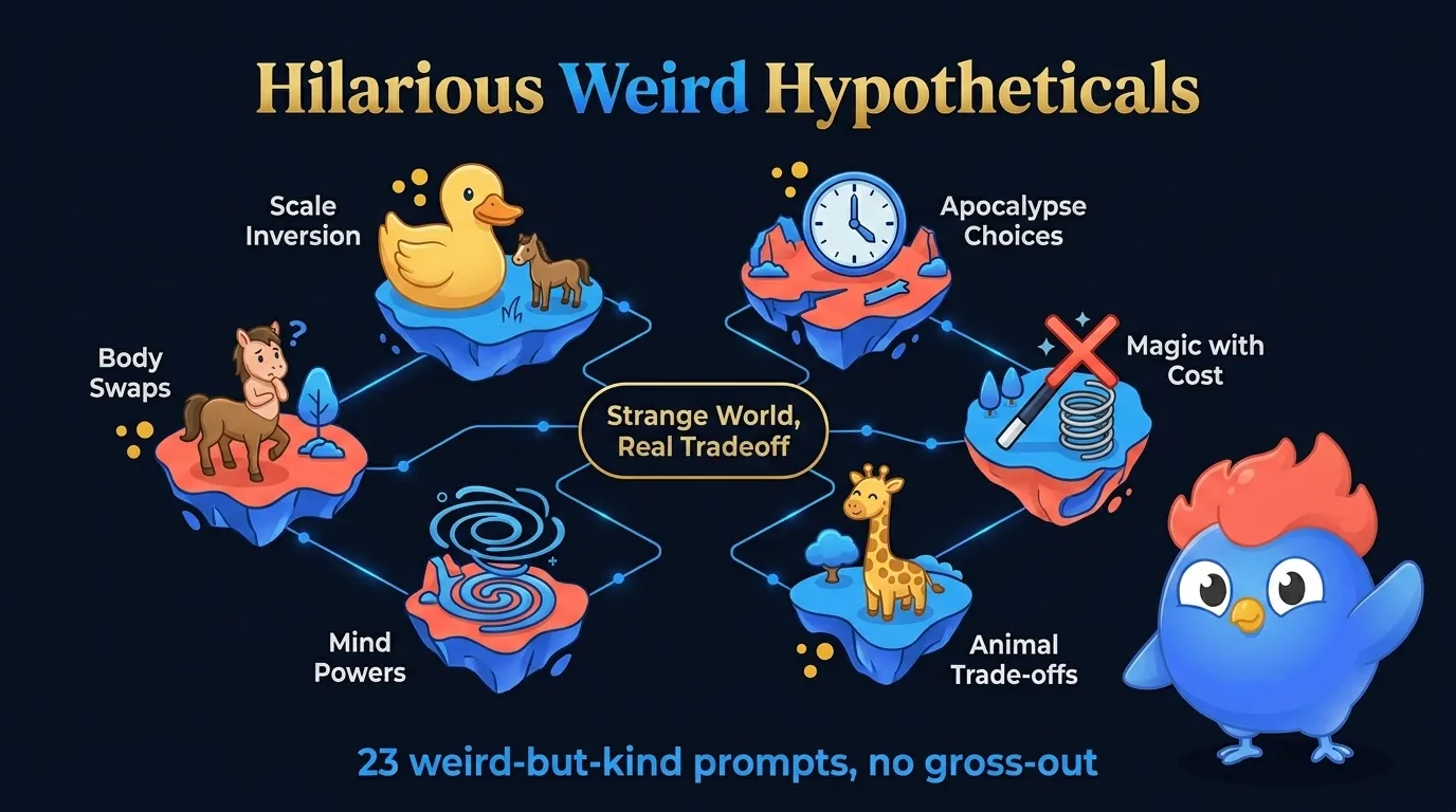 Surreal map showing six floating islands labeled scale inversion, body swaps, magic with cost, animal trade-offs, mind powers, and apocalypse choices, connected to a center "still answerable" label with 23 weird-but-kind prompts visualized as small icons