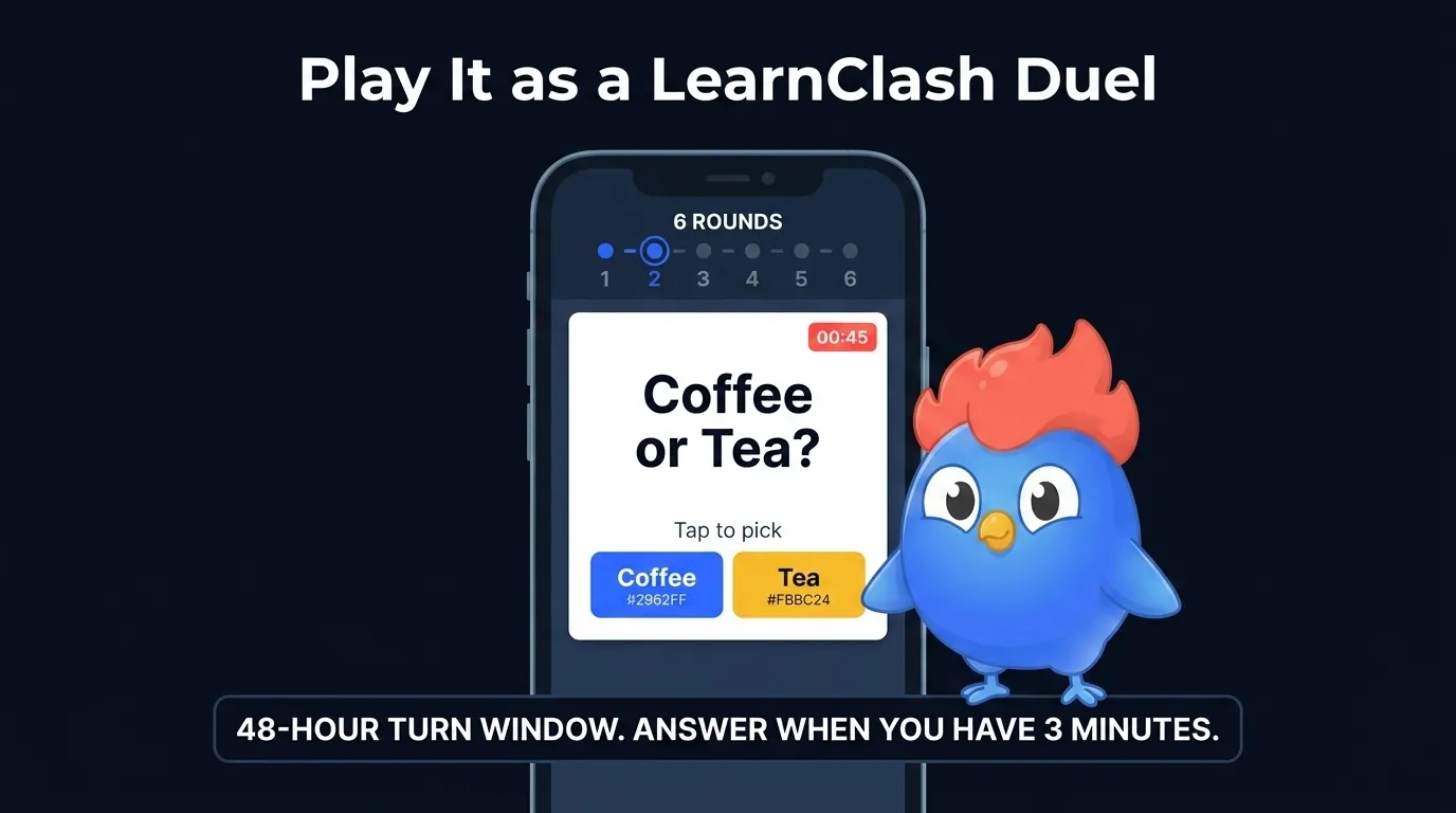 Stylized phone screen showing a LearnClash duel turn UI: 6-round progress bar at top with round 2 highlighted, a Coffee or Tea card with two tap buttons in the middle, and a 45-second countdown timer in the corner, with a 48-hour turn window label below