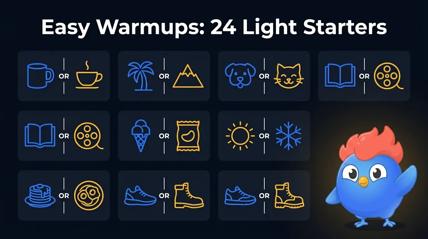 Eight pictogram pairs separated by OR dividers: coffee/tea, beach/mountain, dog/cat, books/movies, sweet/savory, summer/winter, breakfast/dinner, sneakers/boots, in clean line-icon style