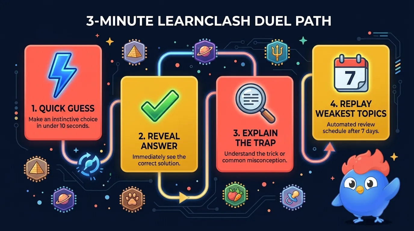 How to play the LearnClash most-missed question list: guess first, reveal answer, explain the trap, replay weak topics after seven days