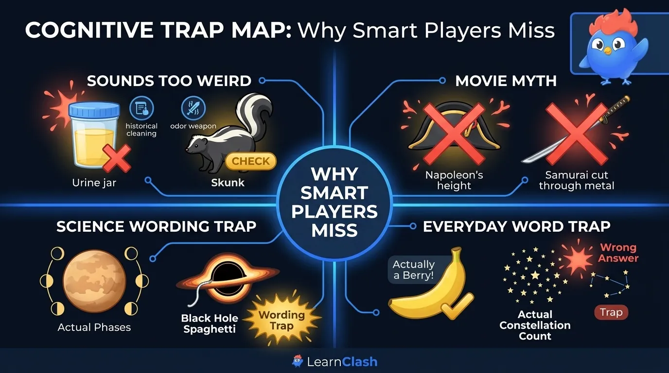 Cognitive trap map for questions people get wrong: sounds too weird, movie myth, everyday word trap, and science wording trap