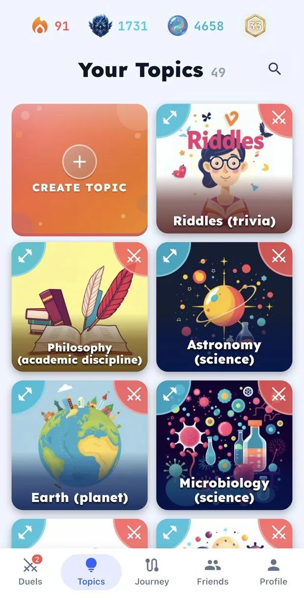LearnClash topic grid showing science, history, and entertainment quiz categories.