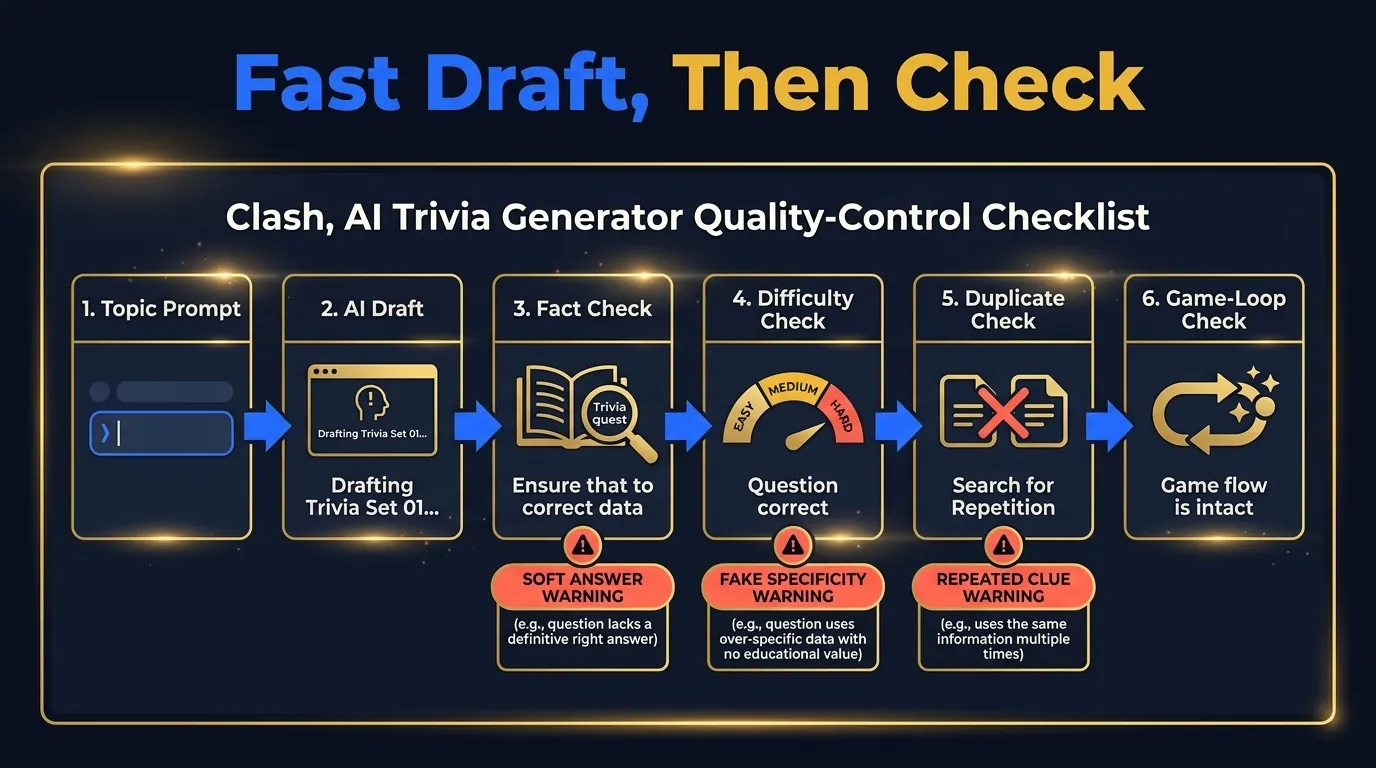 AI trivia generator workflow showing topic prompt, draft questions, fact check, difficulty check, duplicate check, and game-loop check
