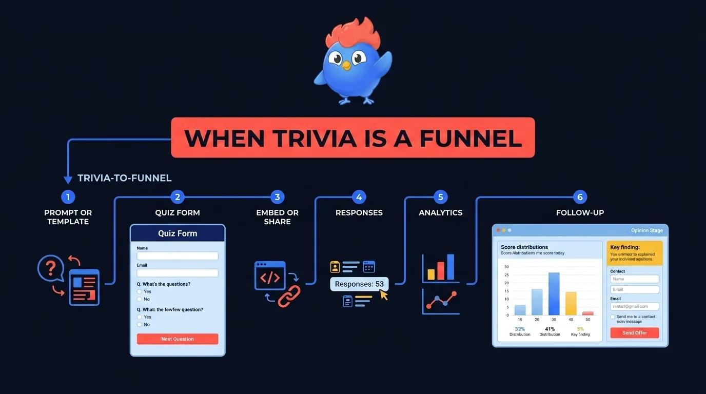 Jotform and Opinion Stage trivia maker funnel showing prompt, quiz form, embed, answers, analytics, and lead follow-up