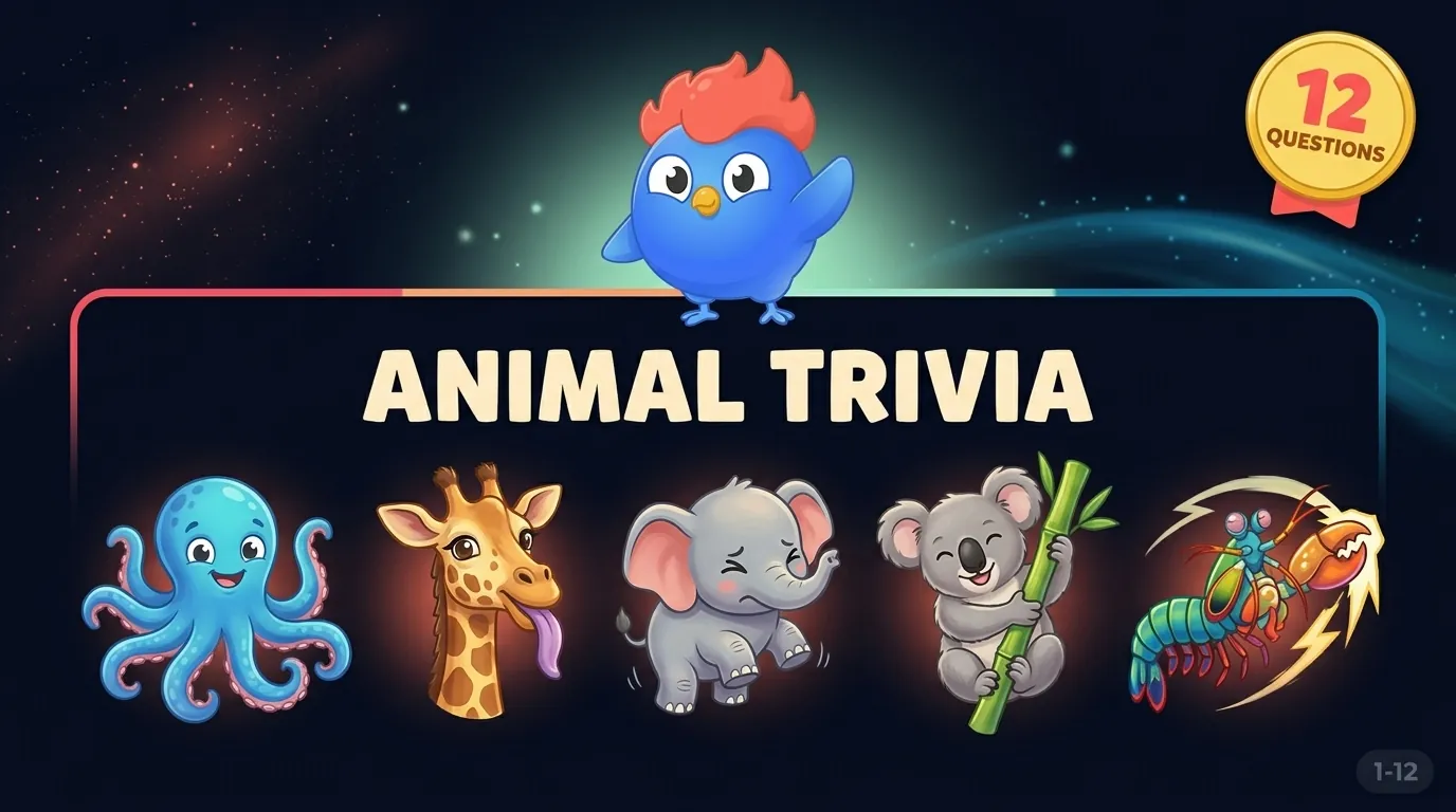 12 faits animaliers pour enfants : les poulpes ont 3 cœurs, les empreintes des koalas ressemblent aux humaines, les éléphants ne peuvent pas sauter, les grenouilles des bois gèlent en hiver, les crevettes mantes frappent à 80 km/h, la langue des girafes est violette, les paresseux digèrent en un mois, et les pandas mangent 14 heures par jour