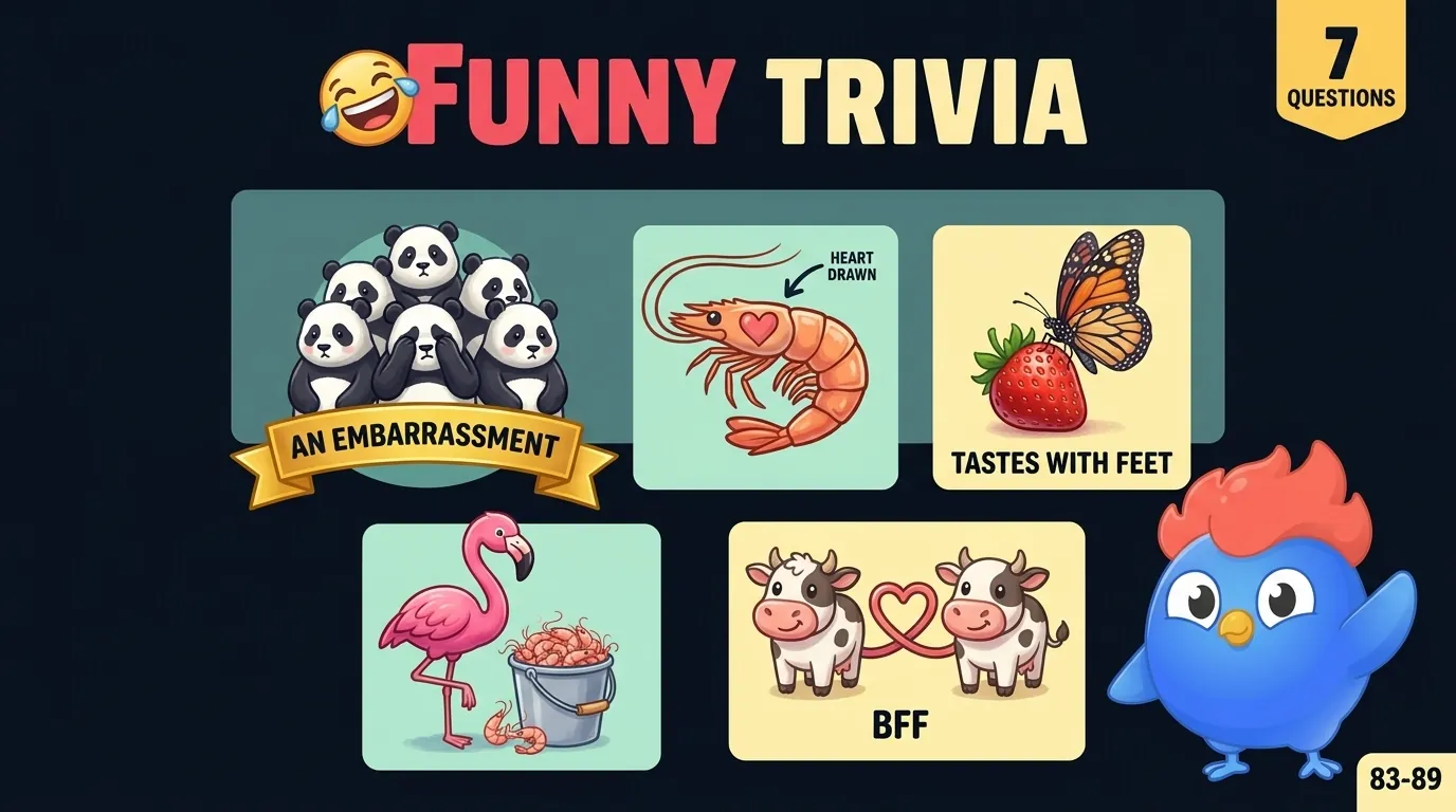 7 faits drôles pour enfants : les vaches ont des meilleures amies, un groupe de pandas s'appelle un embarras, le cœur d'une crevette est dans sa tête, les papillons goûtent avec leurs pieds, les flamants mangent des crevettes pour rester roses, les lapins voient derrière eux, et un groupe de corbeaux est un meurtre