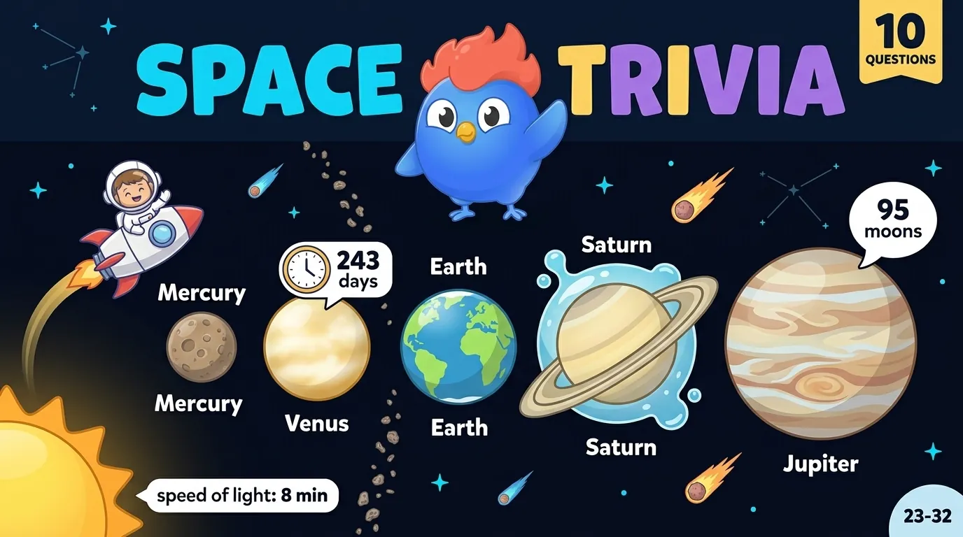 10 faits sur l'espace : un jour sur Vénus dure plus longtemps que son année, Saturne flotterait dans l'eau, le Soleil représente 99,86 % de la masse du système solaire, un jour sur Mercure dure 59 jours terrestres, la lumière met 8 minutes pour atteindre la Terre depuis le Soleil, Jupiter a 95+ lunes, et Neil Armstrong a marché sur la Lune en 1969