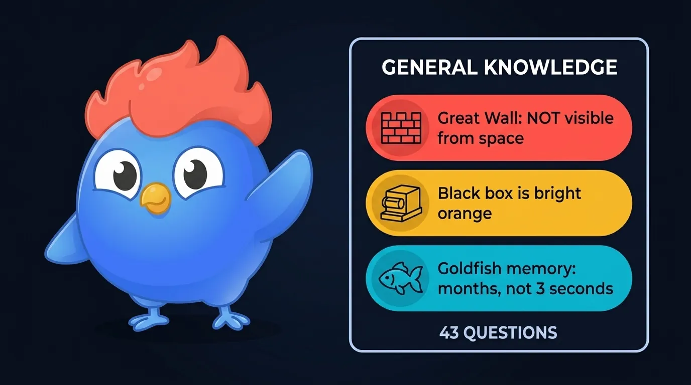 General knowledge: Great Wall NOT visible from space, black box is bright orange, goldfish memory lasts months not 3 seconds