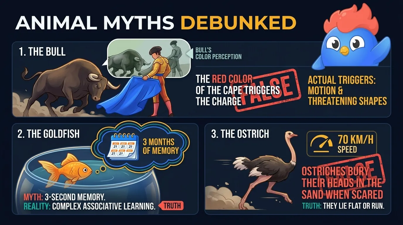 Animal myth recap: bull sees color-shifted (not red) scene triggered by cape motion, goldfish with 3-month calendar of memory, ostrich running at 70 km/h not burying head in sand