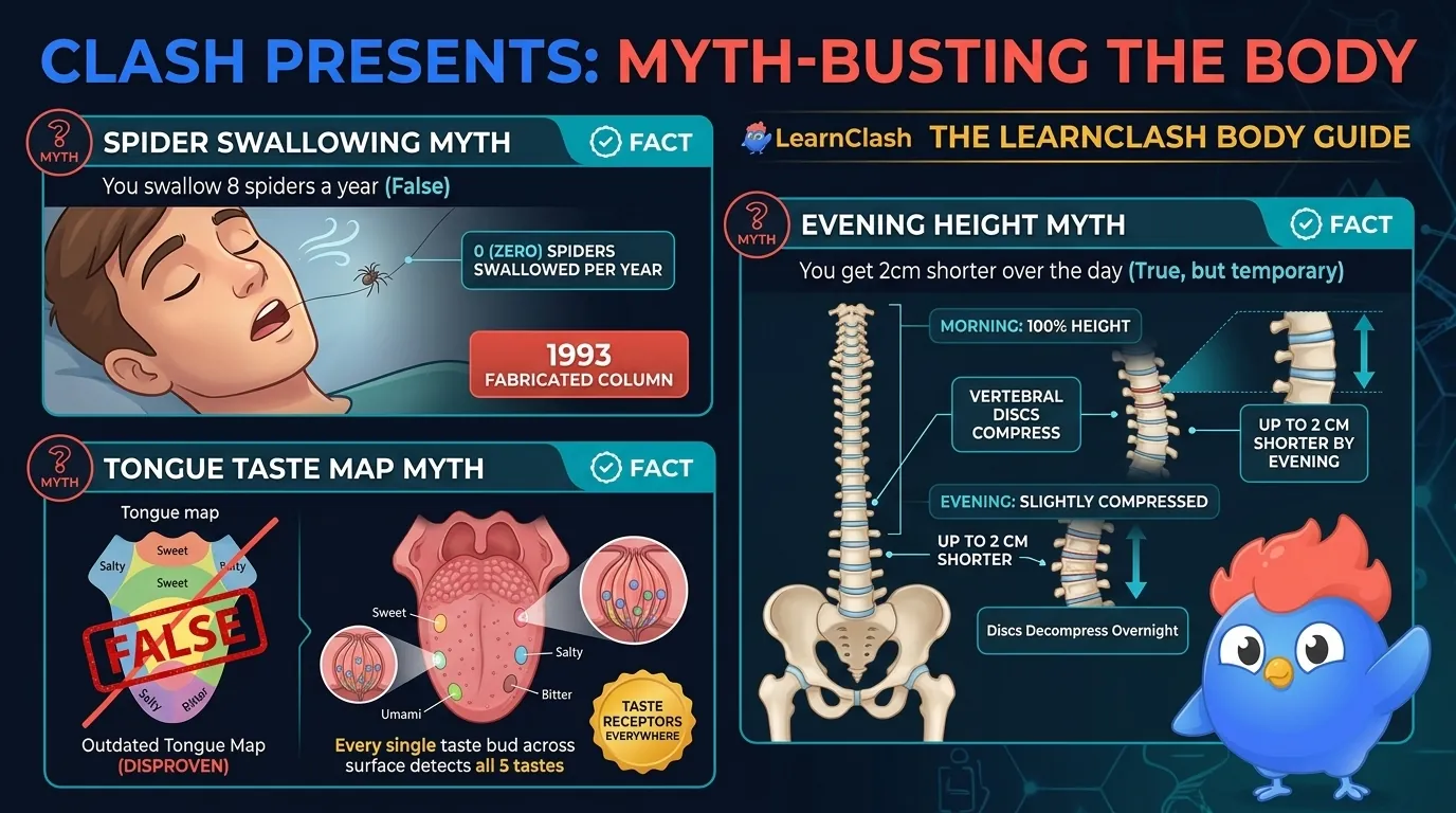 Body myth recap: a sleeping face showing zero spiders (not 8/year), a corrected tongue diagram with every region tasting all 5 flavors, and a spine showing 1-2 cm daily height loss from disc compression