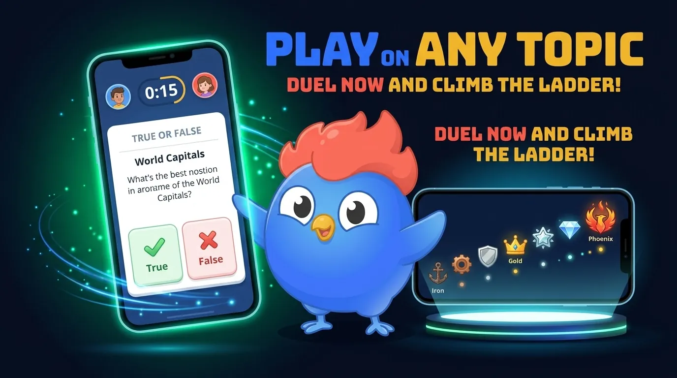 The Clash mascot holding a phone with a live LearnClash duel showing a true or false question, a 45-second timer, and an ELO tier ladder from Iron to Phoenix, with the text "Play on any topic"