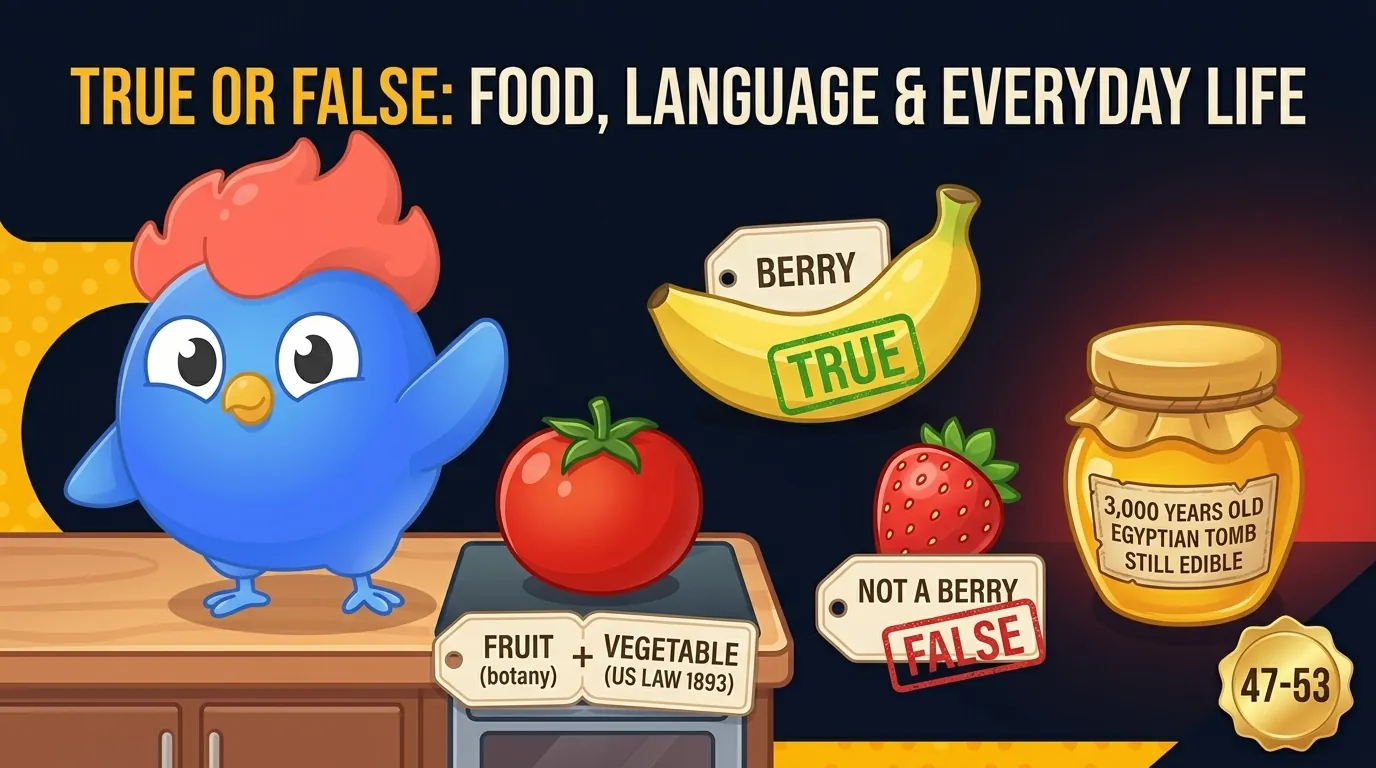 A tomato labeled "fruit (botany) + vegetable (law 1893)," a banana with a "berry" label, a strawberry with a "not a berry" label, and a jar of honey labeled "3,000 years in Egyptian tomb"