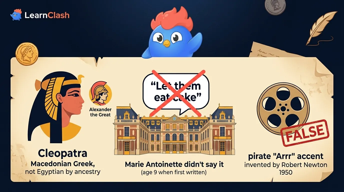 History misconception recap: Cleopatra labeled Macedonian Greek not Egyptian by ancestry, a crossed-out "Let them eat cake" quote attributed to a pre-teen Marie Antoinette, and the pirate "Arrr" accent traced to 1950 actor Robert Newton