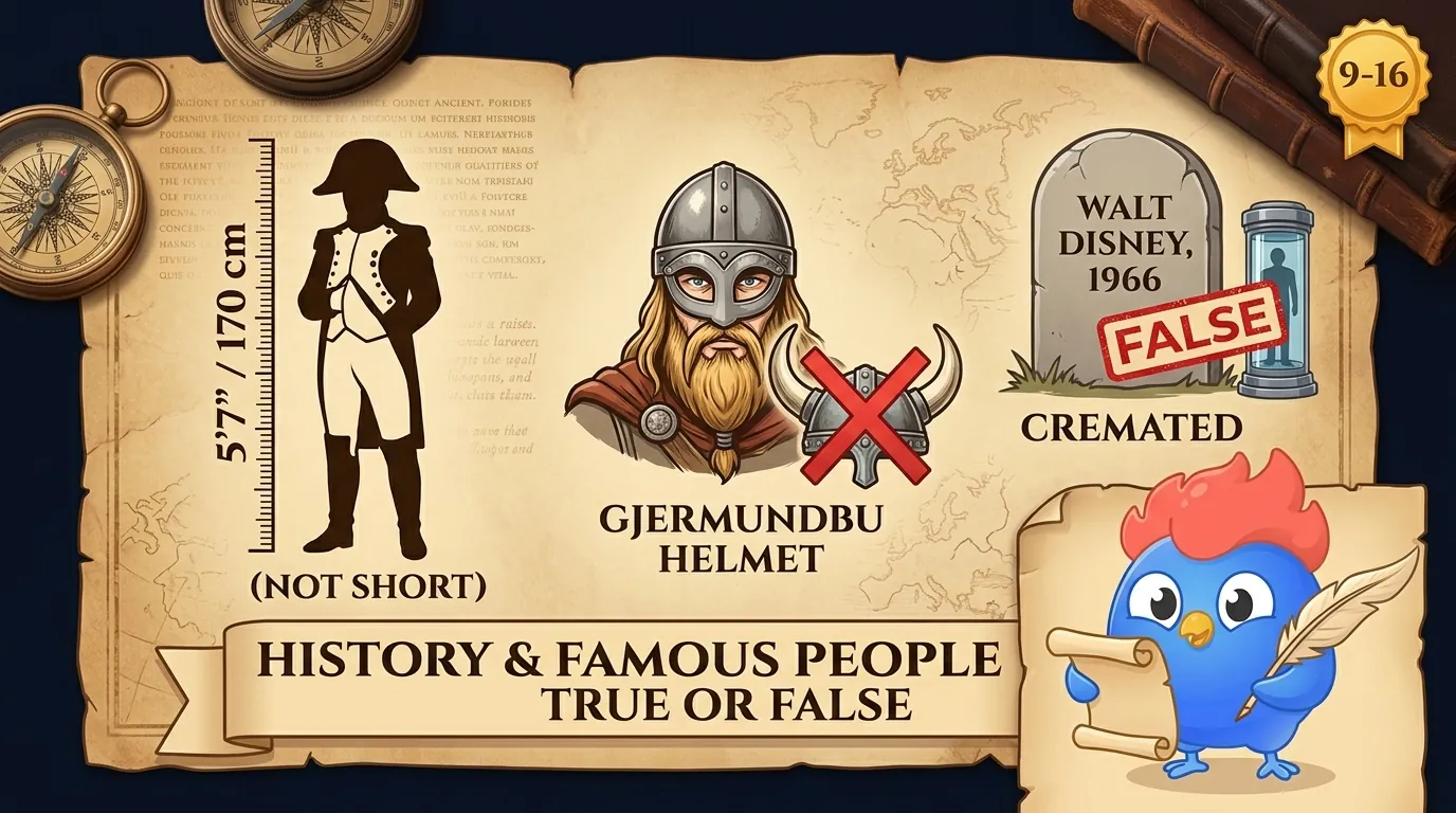 Napoleon at 5 foot 7, a Viking with a horn-free helmet, and a tombstone labeled Walt Disney with a red X over a cryogenic chamber, showing three famous history myths busted