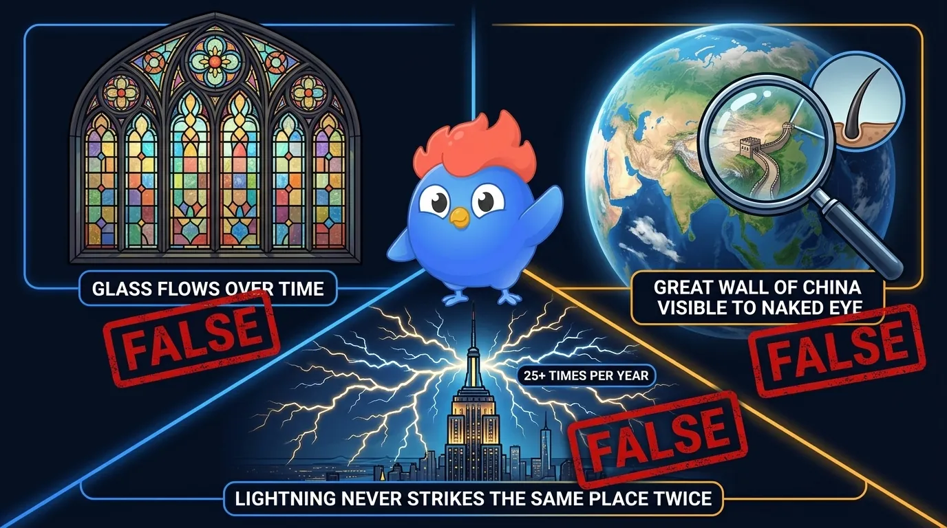 Side-by-side science myth busts: medieval stained-glass windows shown uniform (not slow-flowing liquid), the Great Wall of China invisible from space to the naked eye, and the Empire State Building struck by lightning 25 times per year