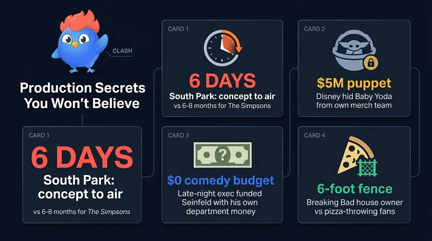 8 behind-the-scenes trivia highlights: Seinfeld saved by late-night exec's budget, Hugh Laurie fooled House creator, Will Smith mouthed co-stars' lines, Disney hid Baby Yoda from own merch team, South Park 6-day production cycle