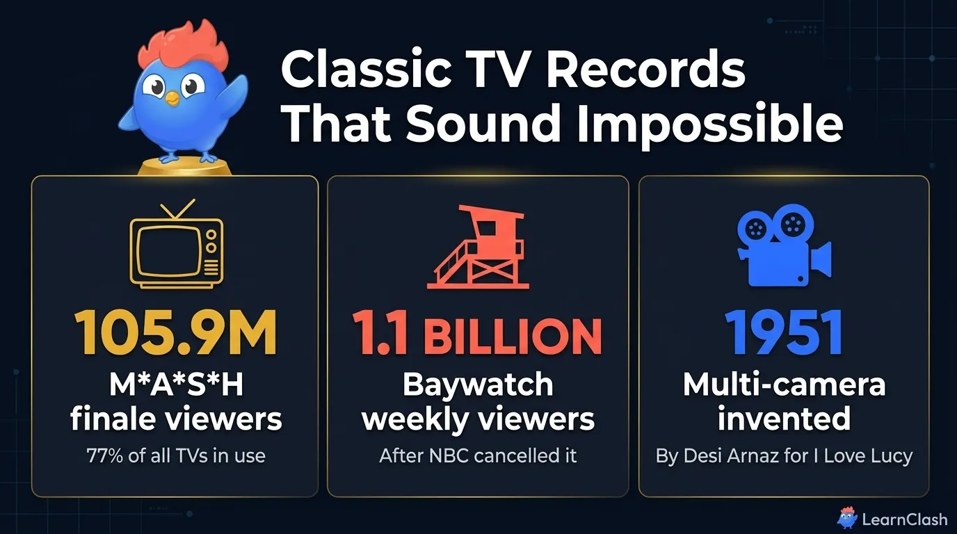 9 classic TV trivia highlights: MAS*H 105.9M finale viewers, I Love Lucy pregnancy approved by priest-rabbi-minister, Baywatch 1.1 billion weekly viewers after cancellation, Urkel was a one-episode guest, Saved by the Bell started on Disney Channel
