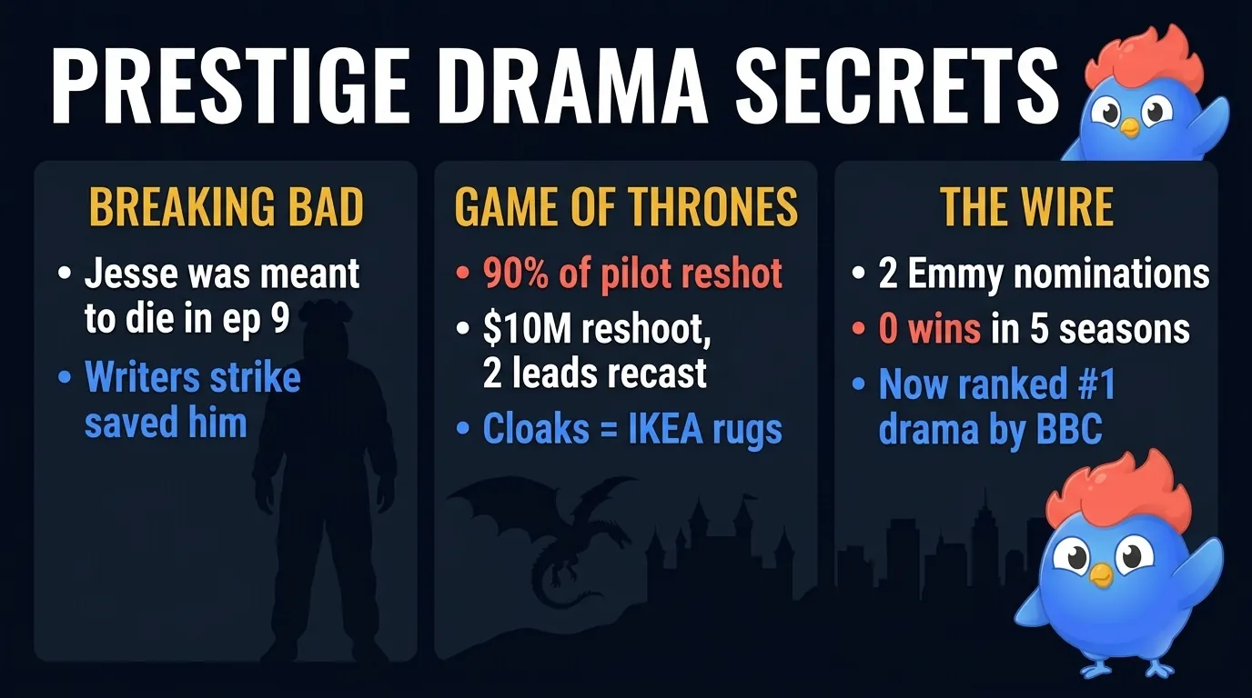 11 prestige drama trivia highlights: Jesse Pinkman meant to die in episode 9, Broderick and Cusack turned down Walter White, GoT pilot 90% reshot for $10M, Night's Watch cloaks were IKEA rugs, The Wire won zero Emmys in 5 seasons
