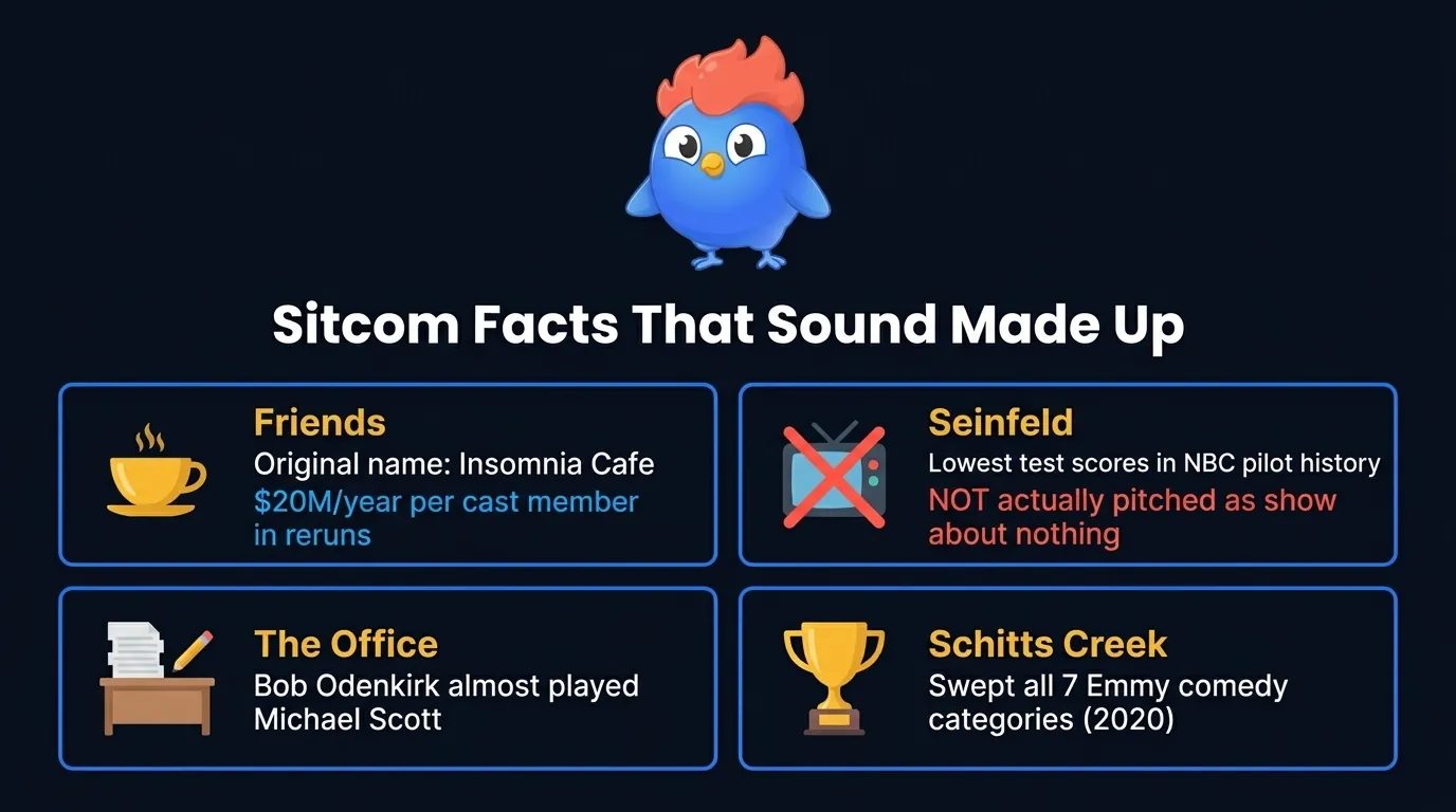 11 sitcom trivia highlights: Friends was Insomnia Cafe, original placeholder theme was R.E.M., each cast member earns $20M/year from reruns, Seinfeld was NOT pitched as show about nothing, Seinfeld pilot got lowest NBC test scores ever