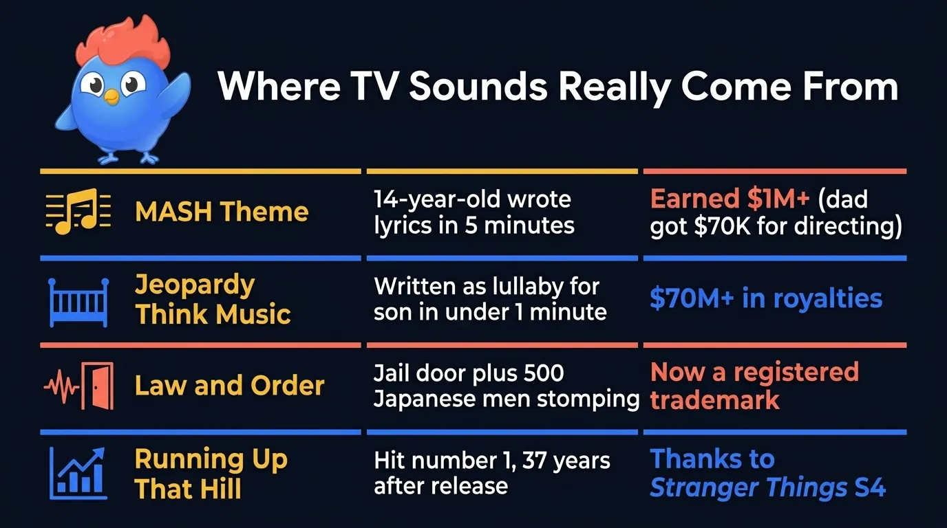 5 theme song and catchphrase trivia highlights: MAS*H theme written by 14-year-old in 5 minutes earning $1M vs dad's $70K directing fee, Jeopardy Think music was a lullaby earning $70M, Law & Order sound includes 500 Japanese men stomping