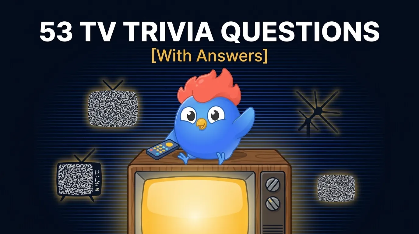 53 TV trivia questions across 6 categories: classic TV, sitcoms, prestige dramas, reality TV, behind-the-scenes secrets, and theme songs with difficulty levels from easy to hard