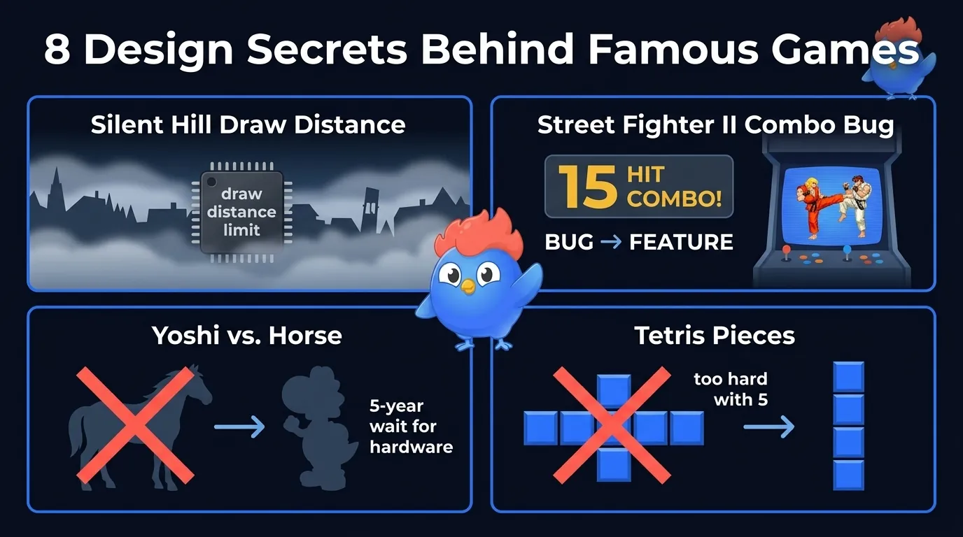 8 secrets de conception : le brouillard de Silent Hill cache une limite de la PS1, les combos de SF2 étaient un bug, Yoshi a remplacé un cheval, les pièces de Tetris sont des mathématiques simplifiées