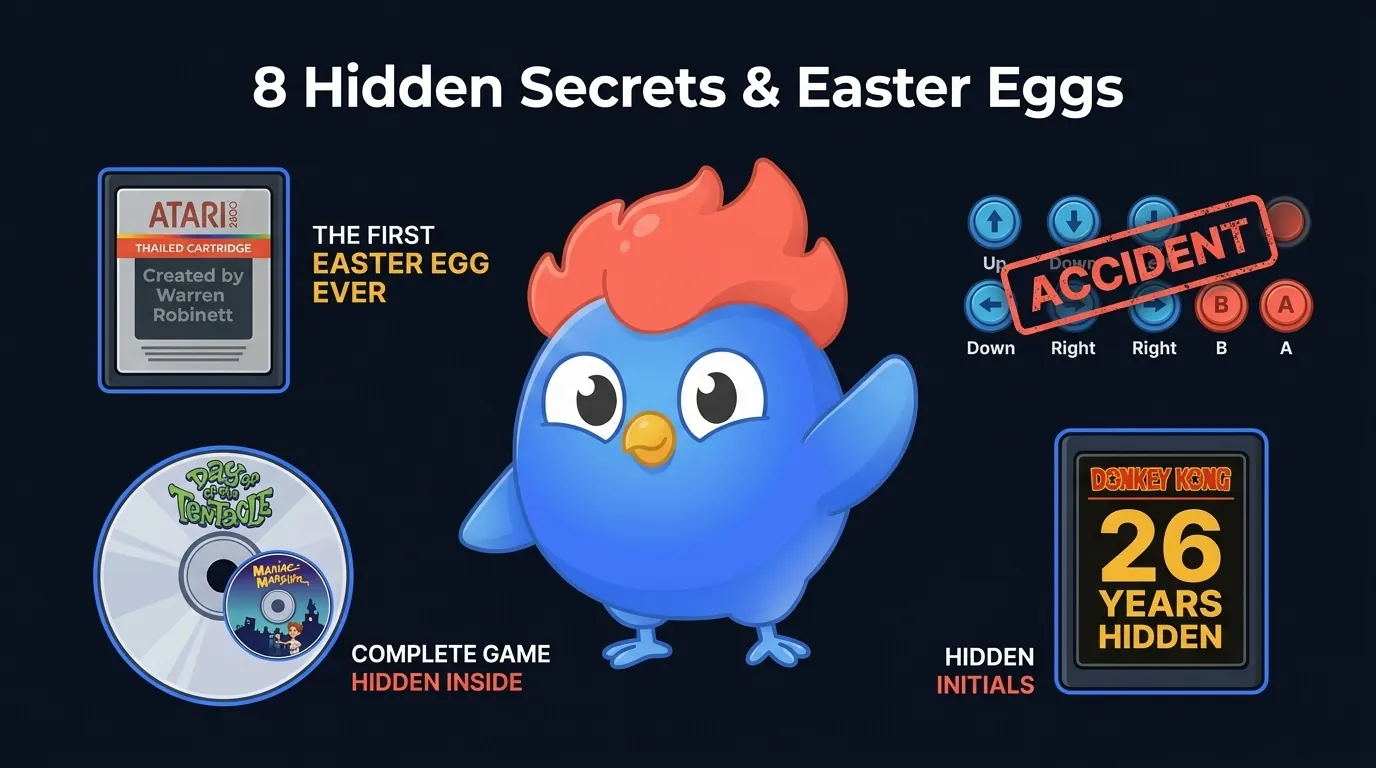 8 faits sur les easter eggs : Warren Robinett a caché le premier easter egg dans Adventure, le Code Konami était un accident, Day of the Tentacle contient tout Maniac Mansion, les initiales dans Donkey Kong cachées 26 ans