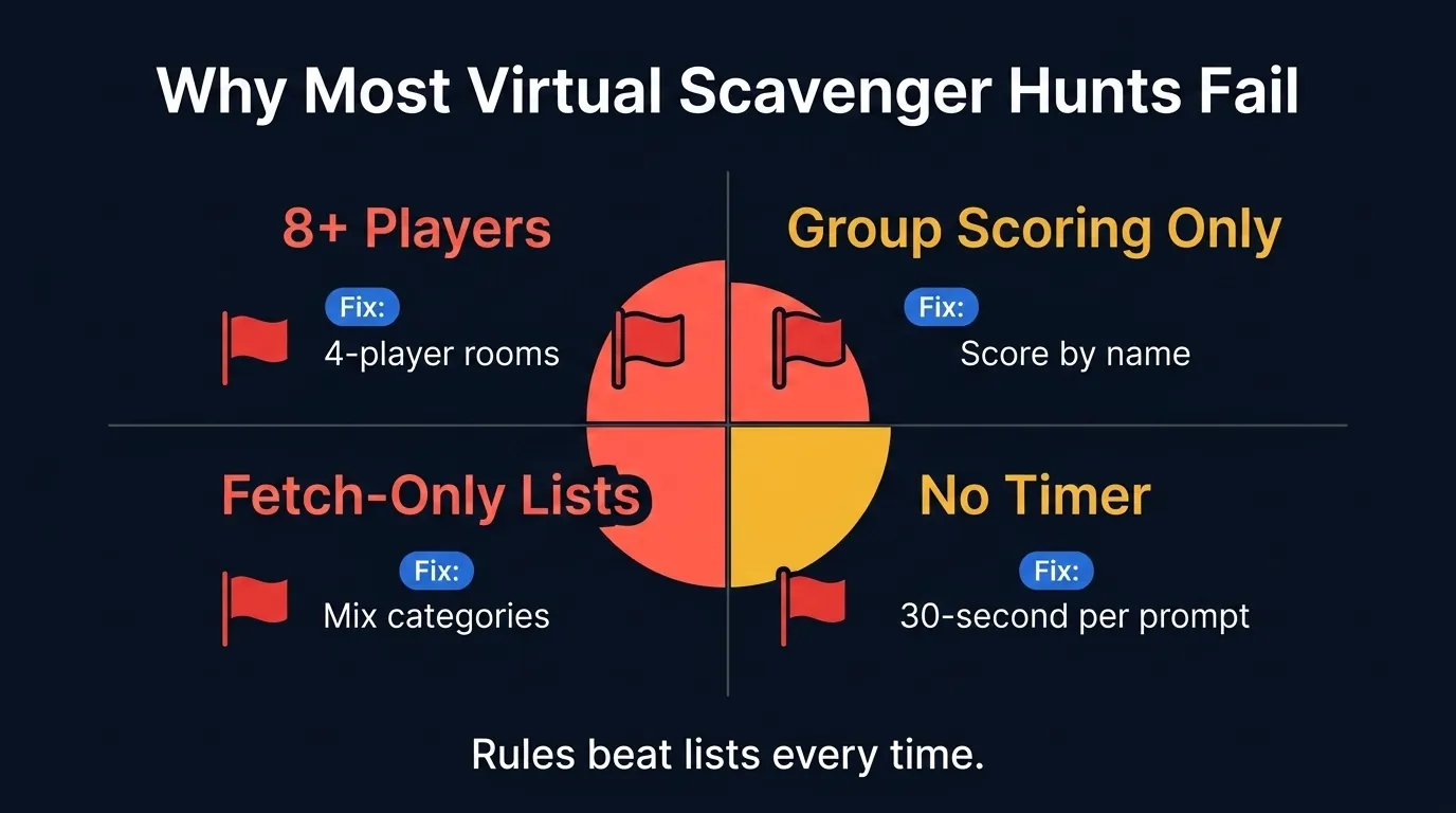 Four-quadrant failure-modes diagnostic: 8+ players (fix: 4-player rooms), group scoring only (fix: score by name), fetch-only lists (fix: mix categories), no timer (fix: 30-second per prompt). Centered footer reads "Rules beat lists every time."