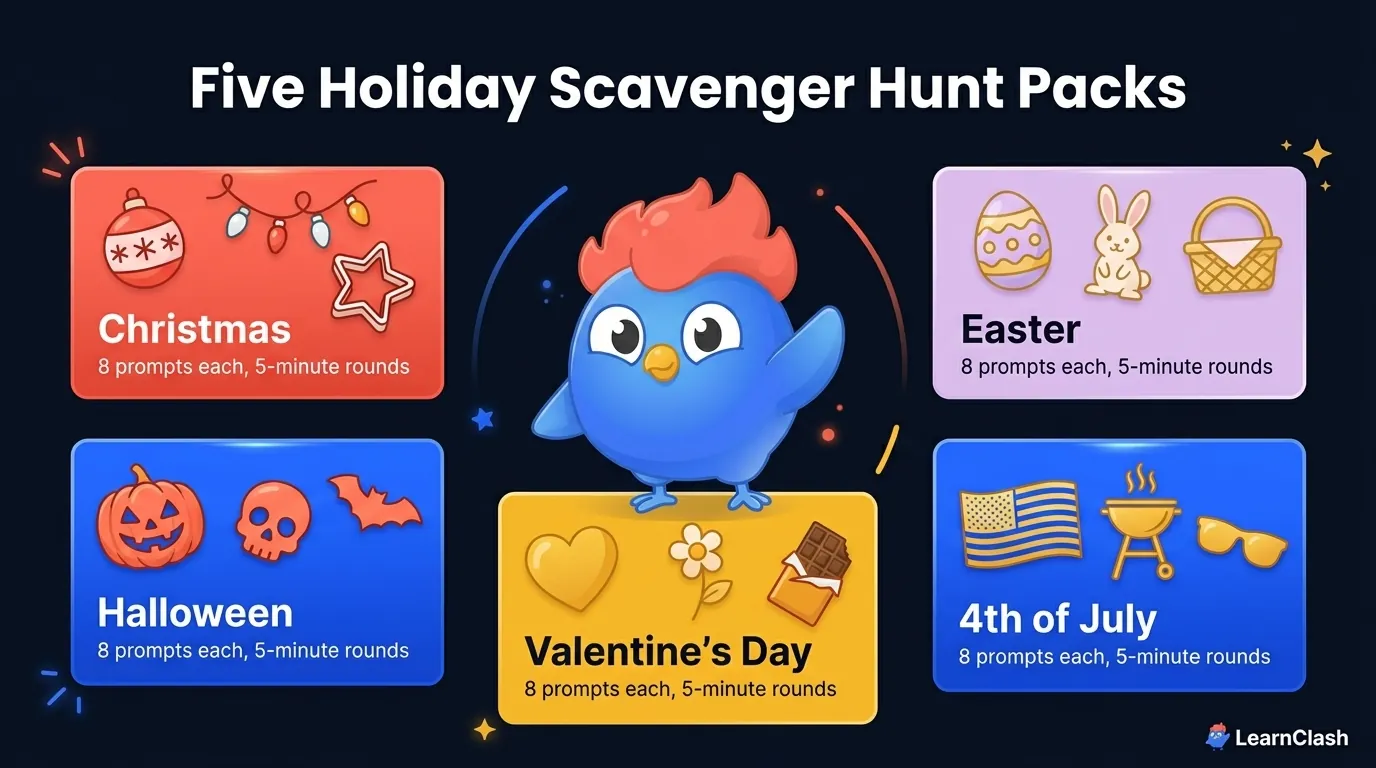 Five holiday scavenger hunt packs with prompt counts: Christmas, Halloween, Valentine's Day, Easter, and 4th of July, each with 8 prompts and 5-minute rounds