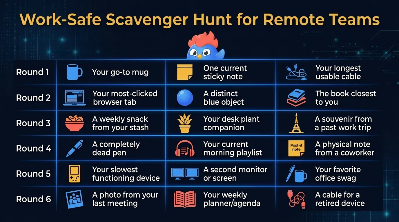 Work-safe scavenger hunt grid: 18 prompts arranged in 6 rounds of 3 covering work mug, sticky note, longest cable, most-clicked tab, blue object, closest book, weekly snack, office plant, work-trip souvenir, dead pen, morning playlist, coworker note, slowest device, second monitor, office swag, last-meeting photo, planner, retired-device cable