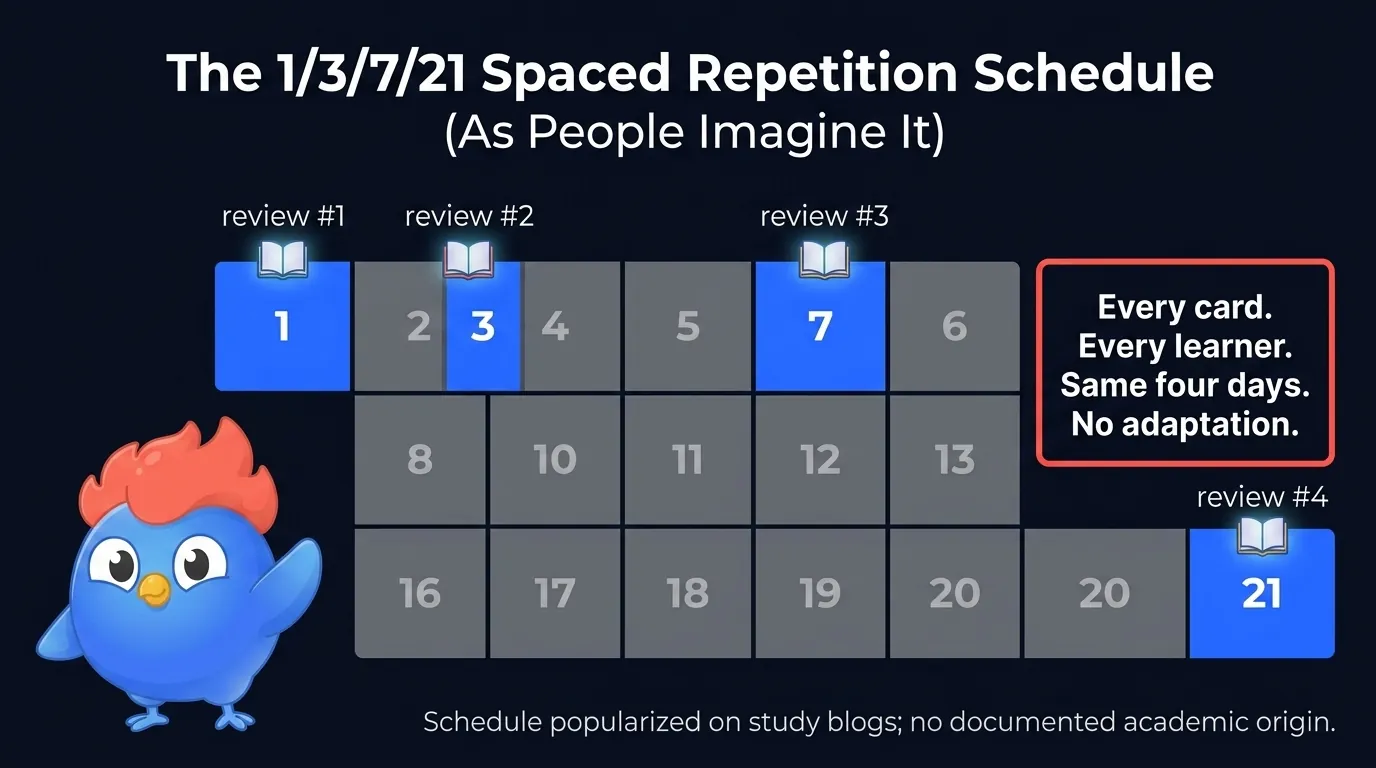 1/3/7/21 spaced repetition schedule shown as a 21-day calendar grid with four highlighted review cells on days 1, 3, 7, and 21, each marked with a book icon, annotation 'every card, every learner, same four days, no adaptation'