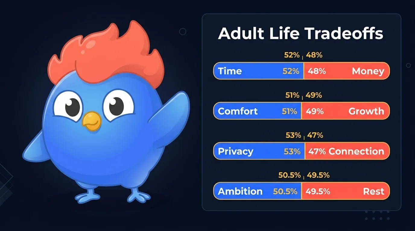 Adults would you rather questions chart showing grown-up tradeoffs: time versus money, comfort versus growth, privacy versus connection, ambition versus rest
