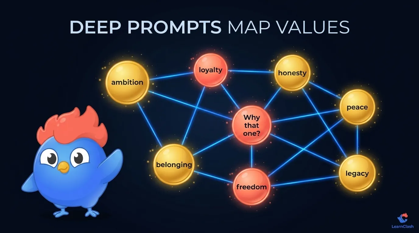 Deep would you rather questions values map showing ambition, loyalty, honesty, peace, belonging, freedom, and legacy as connected nodes