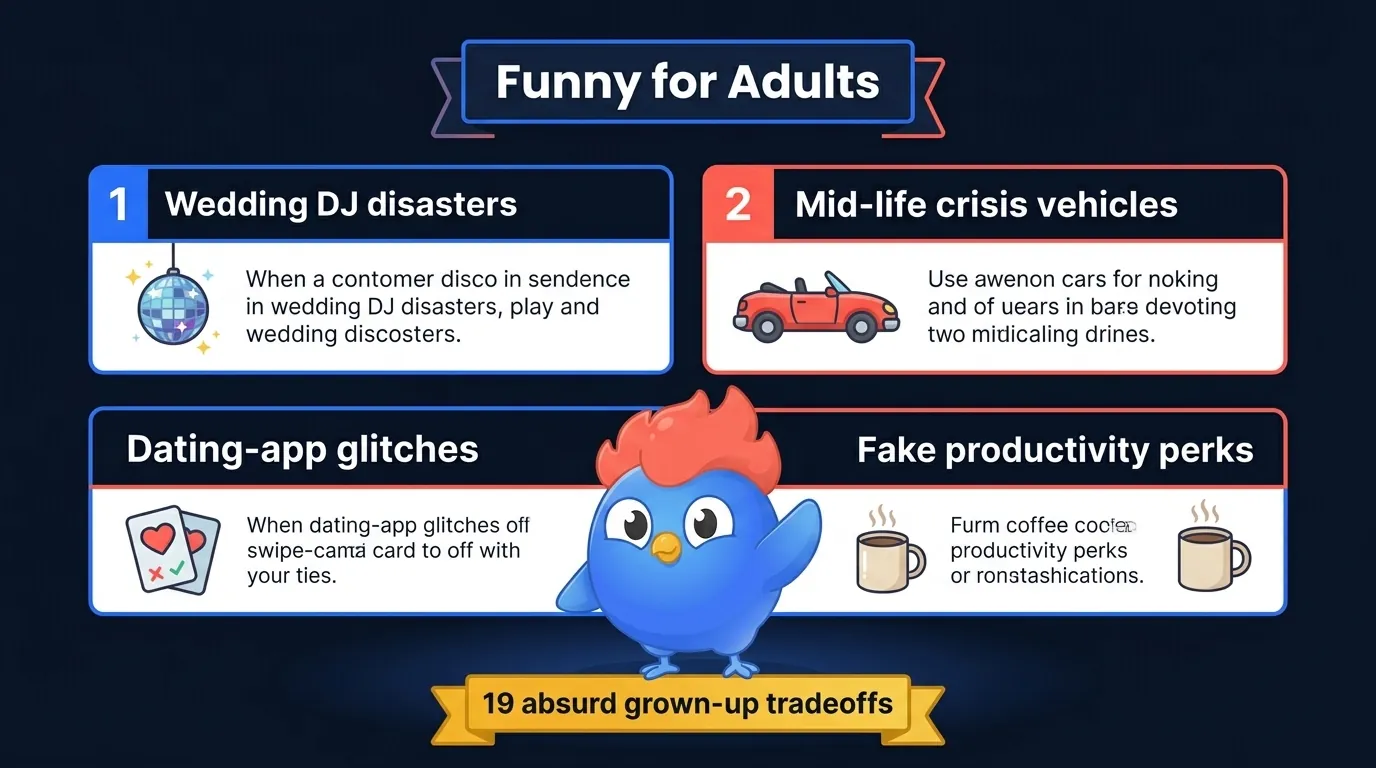 Funny adults 2x2 scenario grid showing career trade-offs, money choices, public privacy violations, and lose-lose social scenarios for 19 absurd grown-up prompts