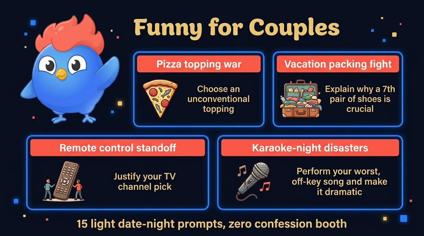 Funny couples 2x2 scenario grid showing date-night choices, partner habits, in-laws, and cohabitation lose-lose scenarios for 15 light relationship prompts