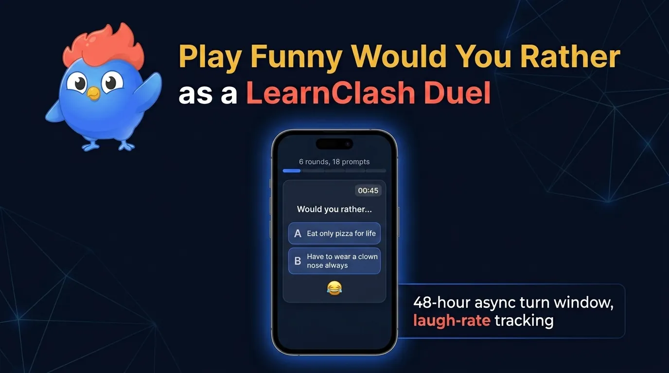 Phone mockup showing a LearnClash funny would you rather duel with two large A and B buttons, a laugh-emoji reaction tag, 6 rounds of 18 prompts, a 45-second timer, and a 48-hour async turn window with laugh-rate tracking