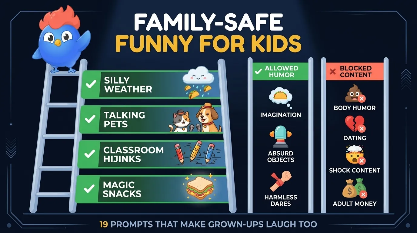 Family-safe funny kids ladder showing 19 prompts across food swaps, body swaps, animal pets, and silly clothing scenarios with allowed humor types and blocked humor types side rails