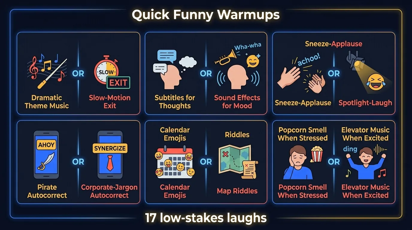 Quick funny warmup pictogram grid showing 17 paired silly choices including time machine vs teleporter, wet socks vs rock in shoe, slow car vs fast bike, full battery vs full gas tank, and other low-stakes lose-lose scenarios