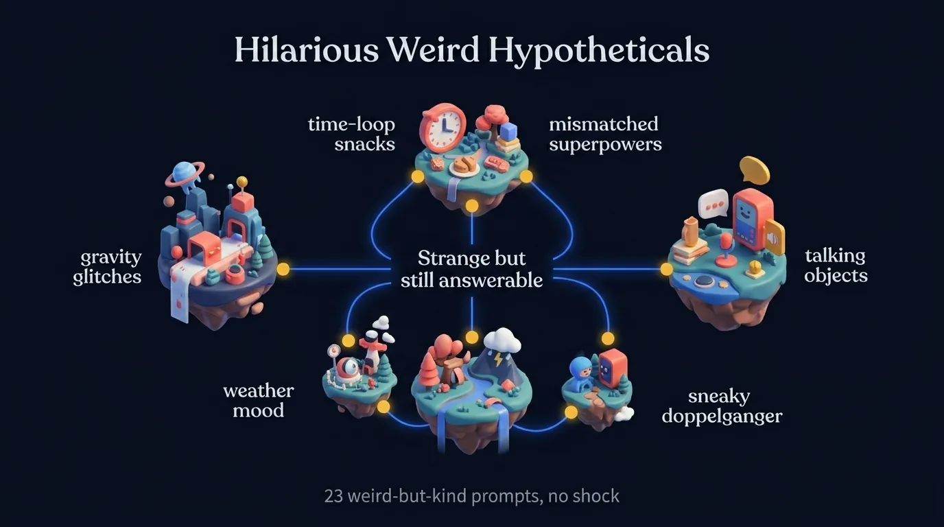 Hilarious weird hypotheticals surreal map showing six floating islands labeled scale inversion, body swaps, magic with cost, animal trade-offs, mind powers, and apocalypse choices, connected to a center "still answerable" label for 23 weird-but-kind prompts
