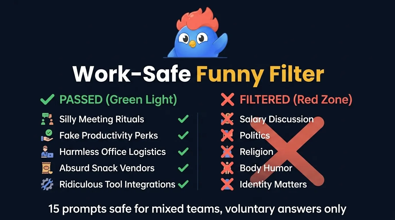 Work-safe funny filter showing allowed topics like working style, calendar habits, and presentation stakes in green checks alongside blocked topics like salary, politics, religion, body humor, and identity in coral X marks
