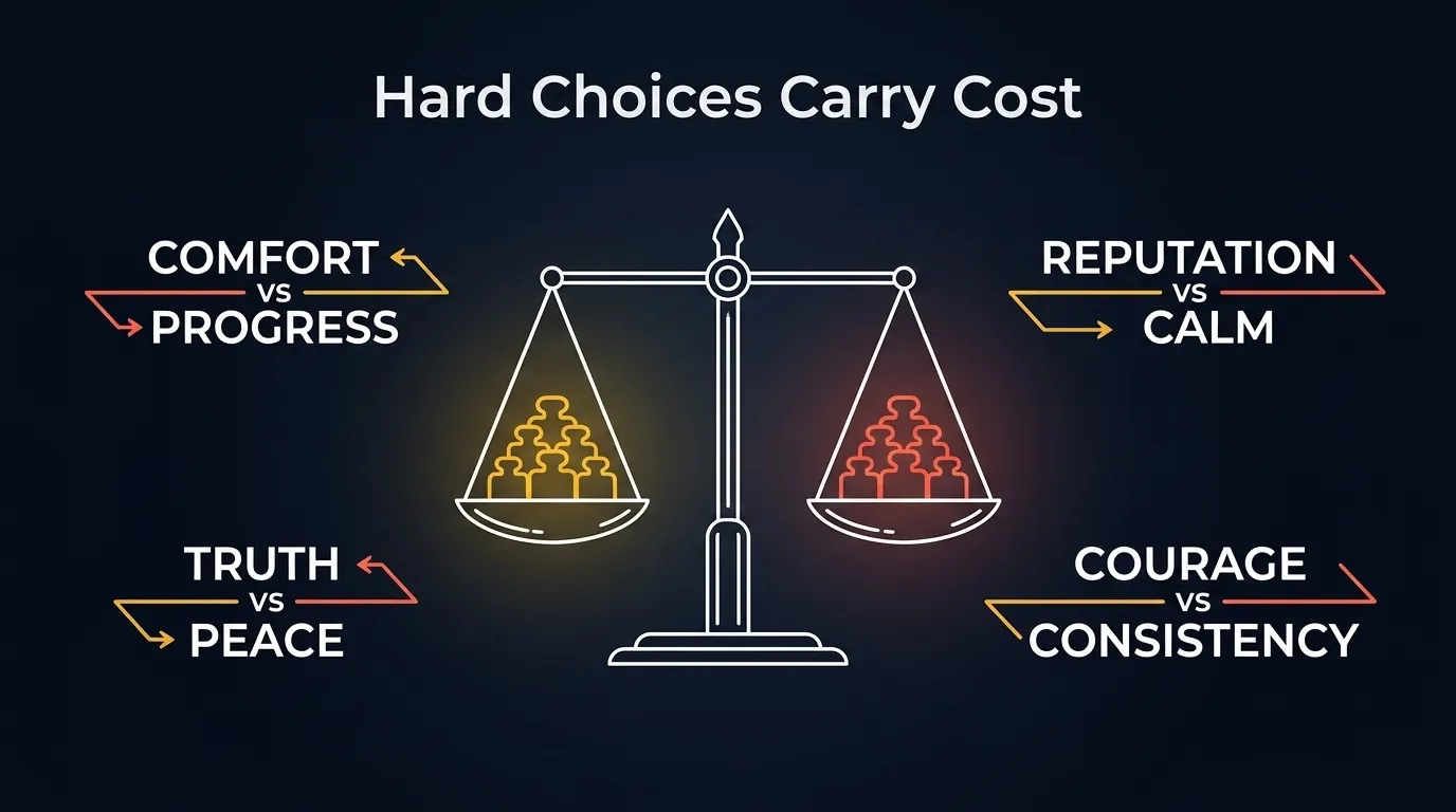 Hard would you rather questions balance scale showing comfort versus ambition, certainty versus freedom, honesty versus peace, and memory versus timing