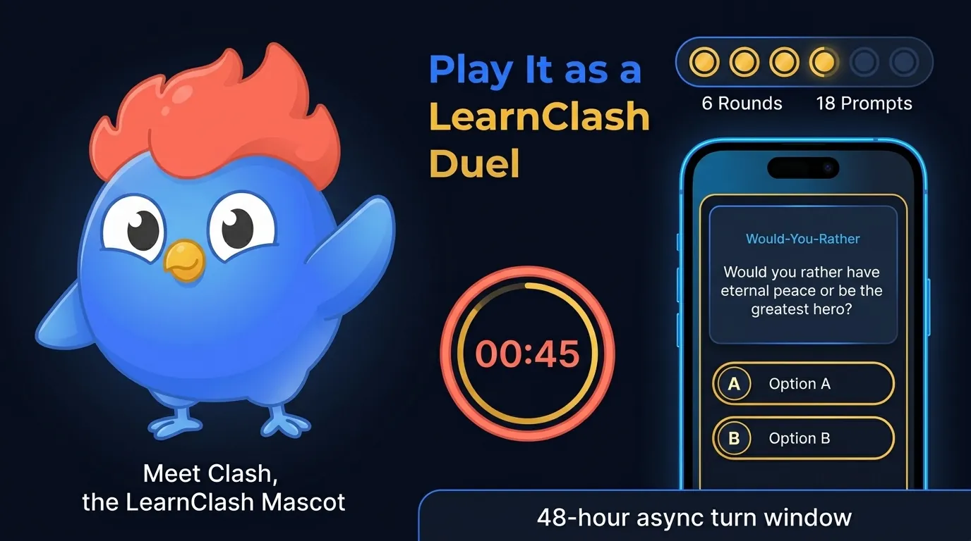 Phone mockup showing a LearnClash would you rather duel with 6 rounds, 18 prompts, a 45-second timer, and a 48-hour async turn window