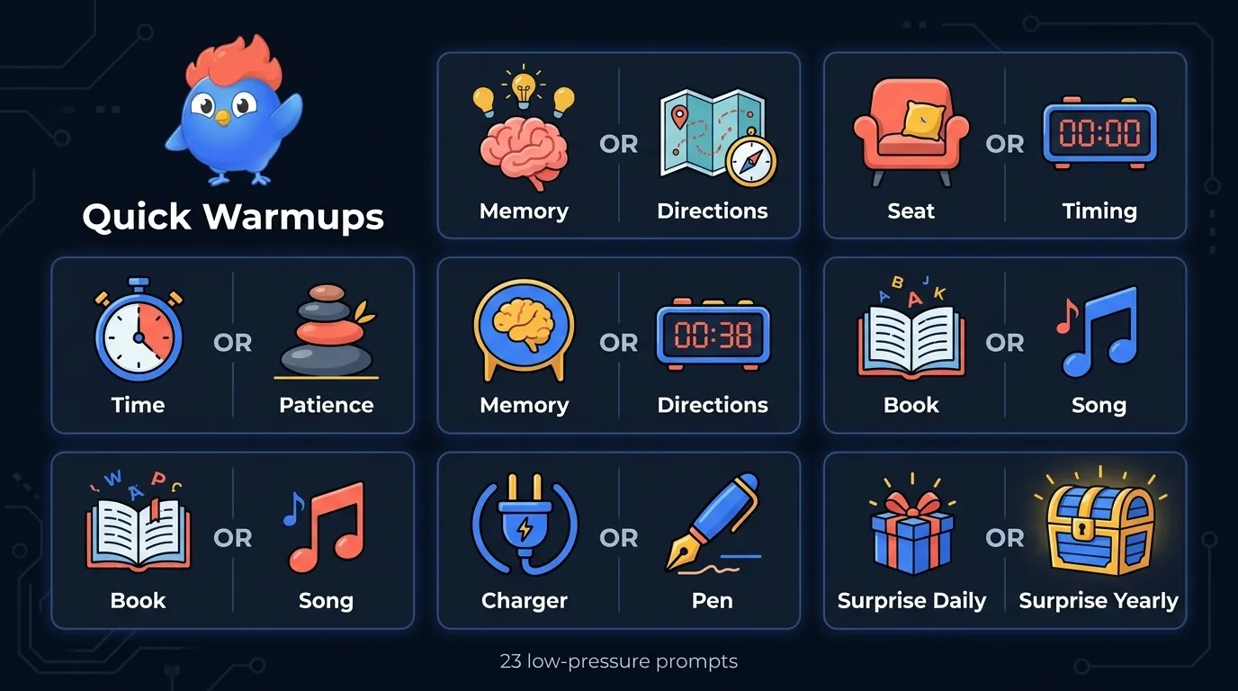 Warmup matrix showing 23 good would you rather questions grouped by comfort, time, taste, travel, memory, and daily routine choices