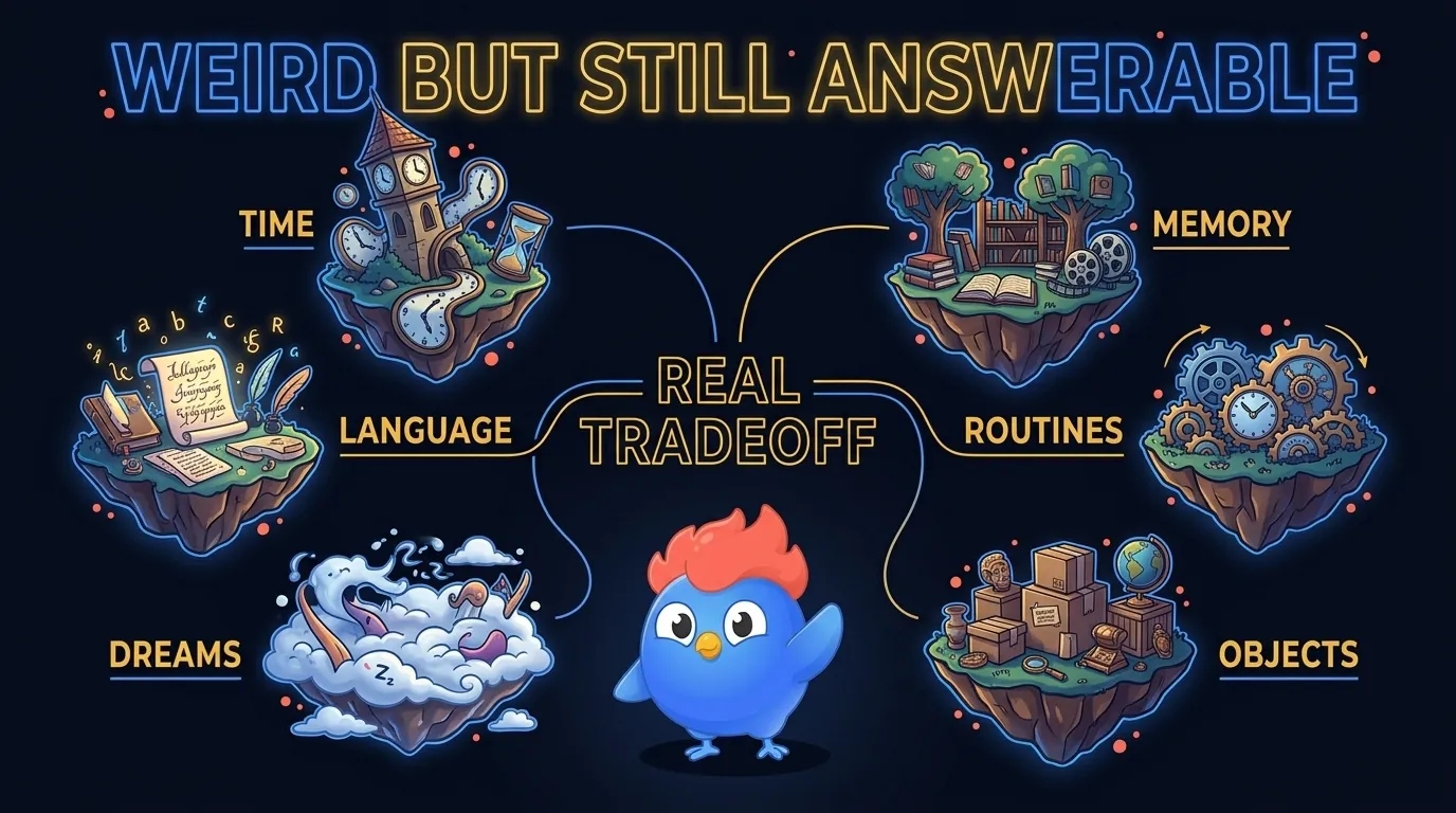 Weird would you rather questions map showing surreal but safe choices across time, language, objects, memory, routines, and identity