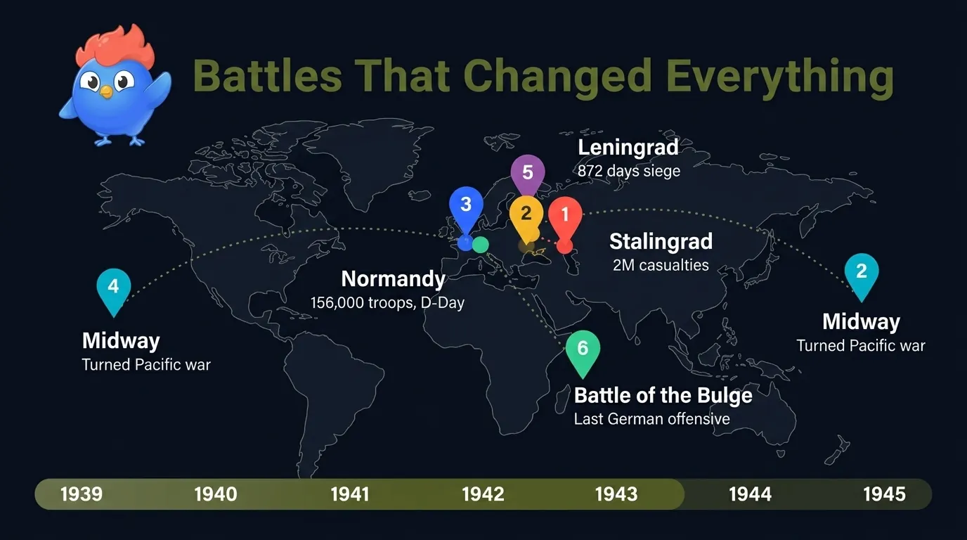 WW2 major battles map: Stalingrad 2M casualties, Kursk 6,000+ tanks, Normandy 156,000 troops, Midway turned Pacific war, Leningrad 872 days, Battle of Bulge last German offensive