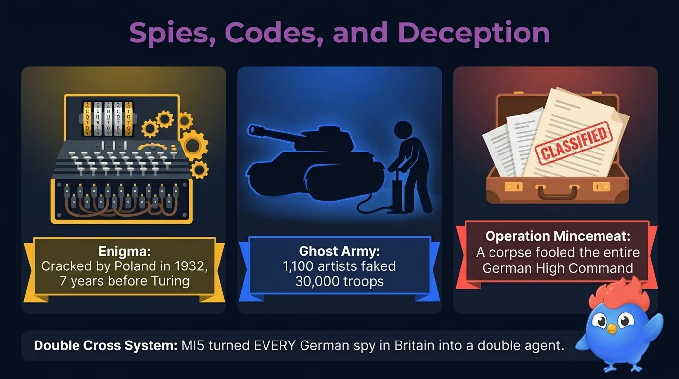 WW2 espionage: Enigma cracked by Poland in 1932, Ghost Army 1,100 artists faked 30,000 troops with inflatable tanks, Operation Mincemeat corpse fooled German High Command, Double Cross System turned every German spy