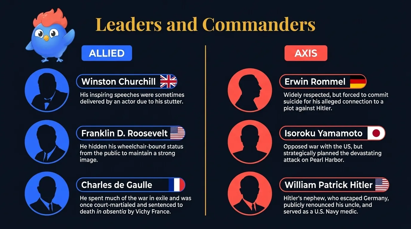 WW2 leaders comparison: Allied side with Churchill, Roosevelt, de Gaulle versus Axis with Rommel (forced suicide), Yamamoto (planned Pearl Harbor), and William Patrick Hitler (served US Navy)
