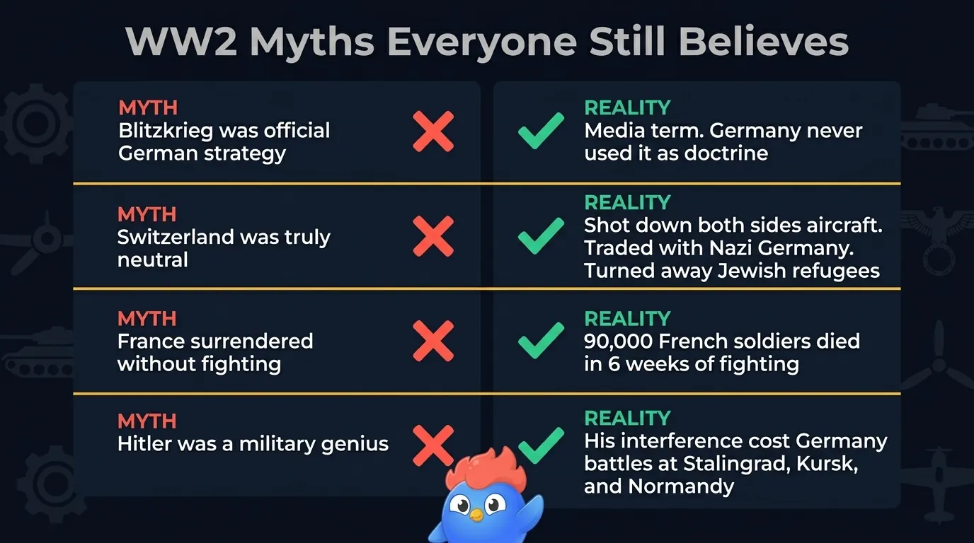 WW2 myths debunked: Blitzkrieg was media term not German doctrine, Switzerland traded with Nazi Germany and rejected refugees, France lost 90,000 soldiers in six weeks, Hitler's military interference cost Germany key battles
