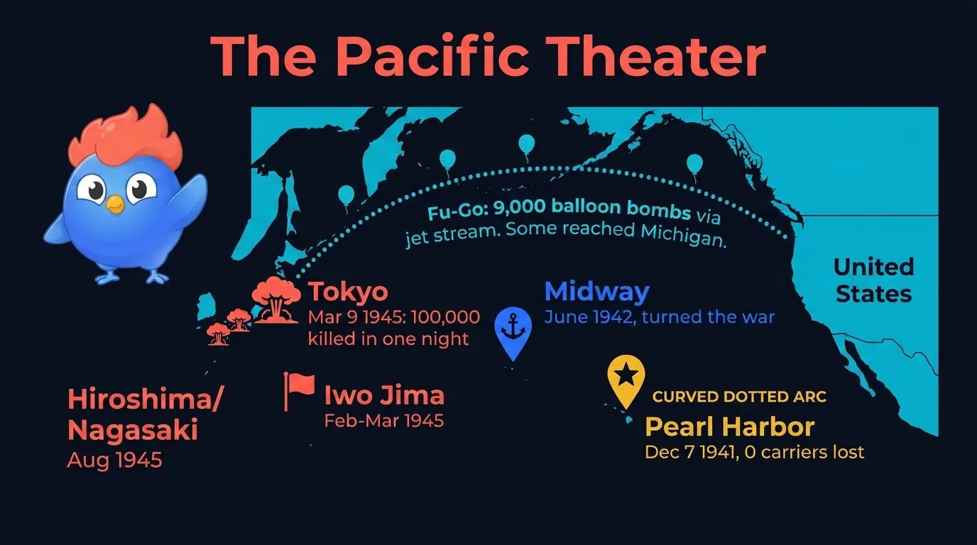 Pacific Theater map: Pearl Harbor with 0 carriers lost, Midway turned the war June 1942, Iwo Jima Feb-Mar 1945, Tokyo firebombing 100,000 killed in one night, Fu-Go balloon bomb trajectory from Japan to Michigan